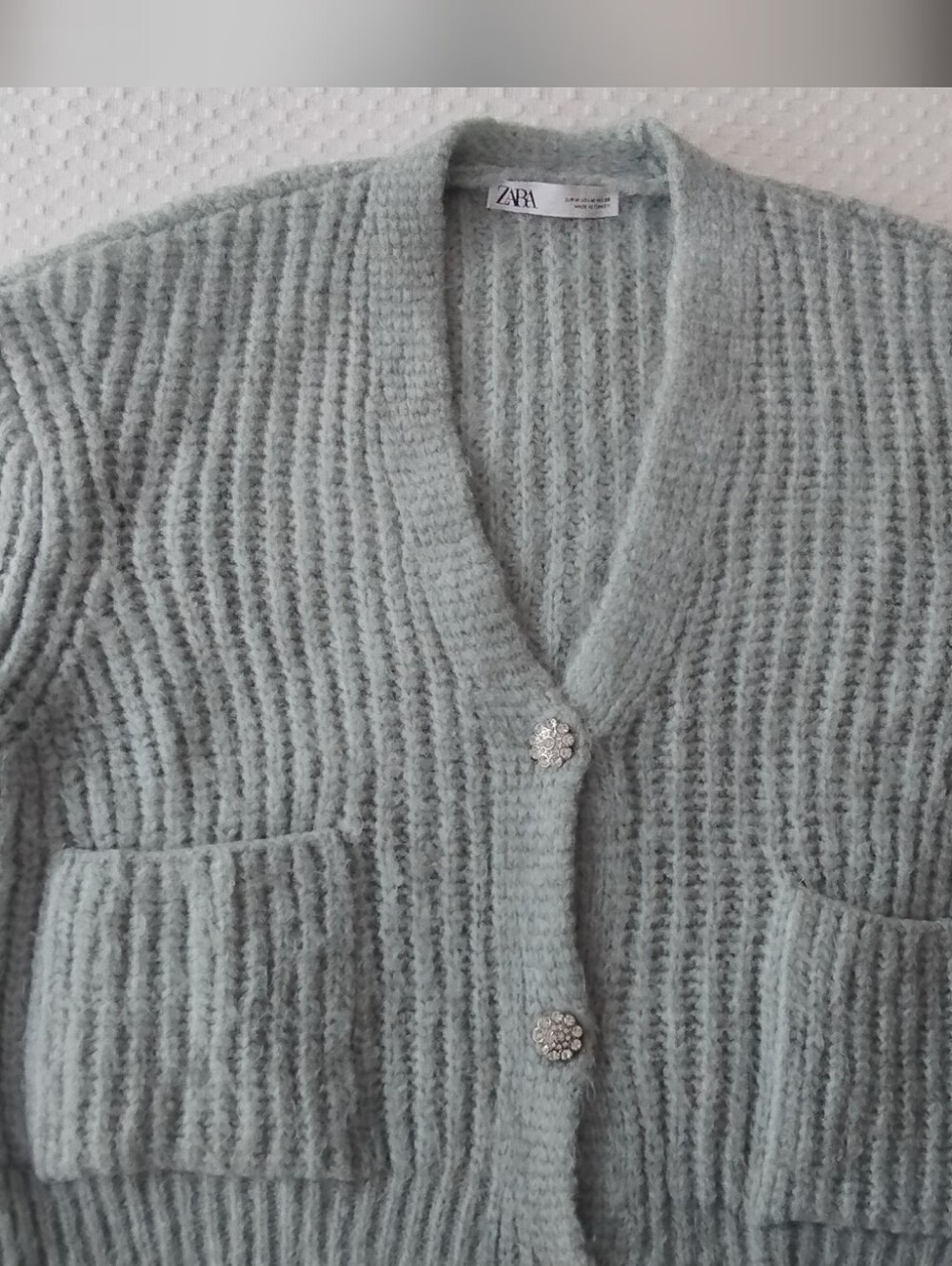 Zara Light Blue Ribbed Knit Cardigan with Jewell Buttons